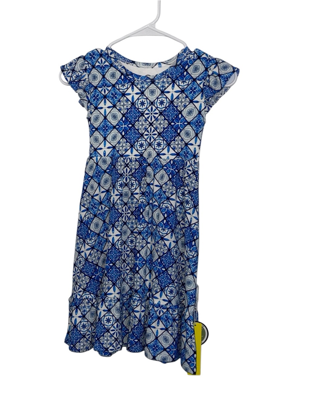 Girls Blue Kaleidoscope Print Flutter Sleeve Casual Twirl Dress